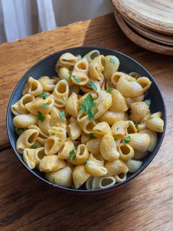 Pâtes à la crème de carottes, curry et pesto de tomate